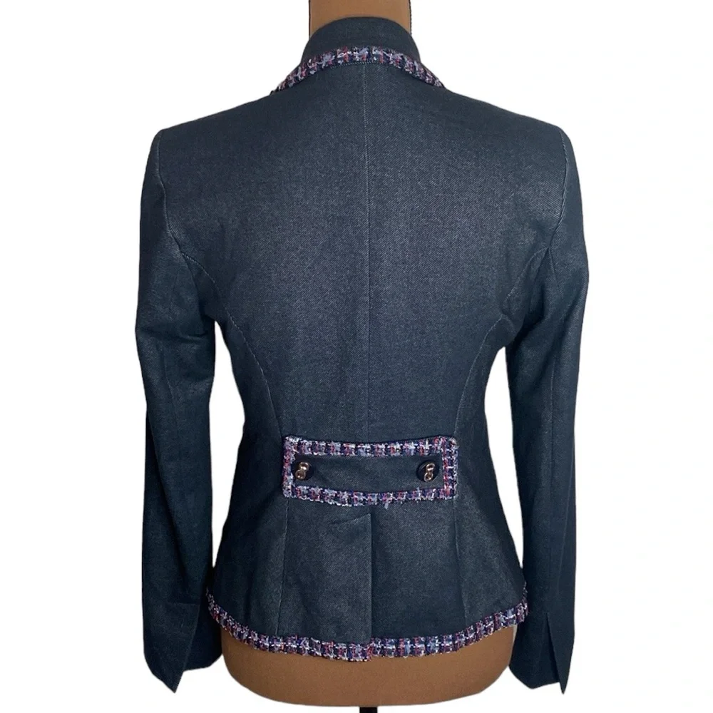 7th Avenue New York & Co denim like tweed ribbon trimmed tailored blazer size S